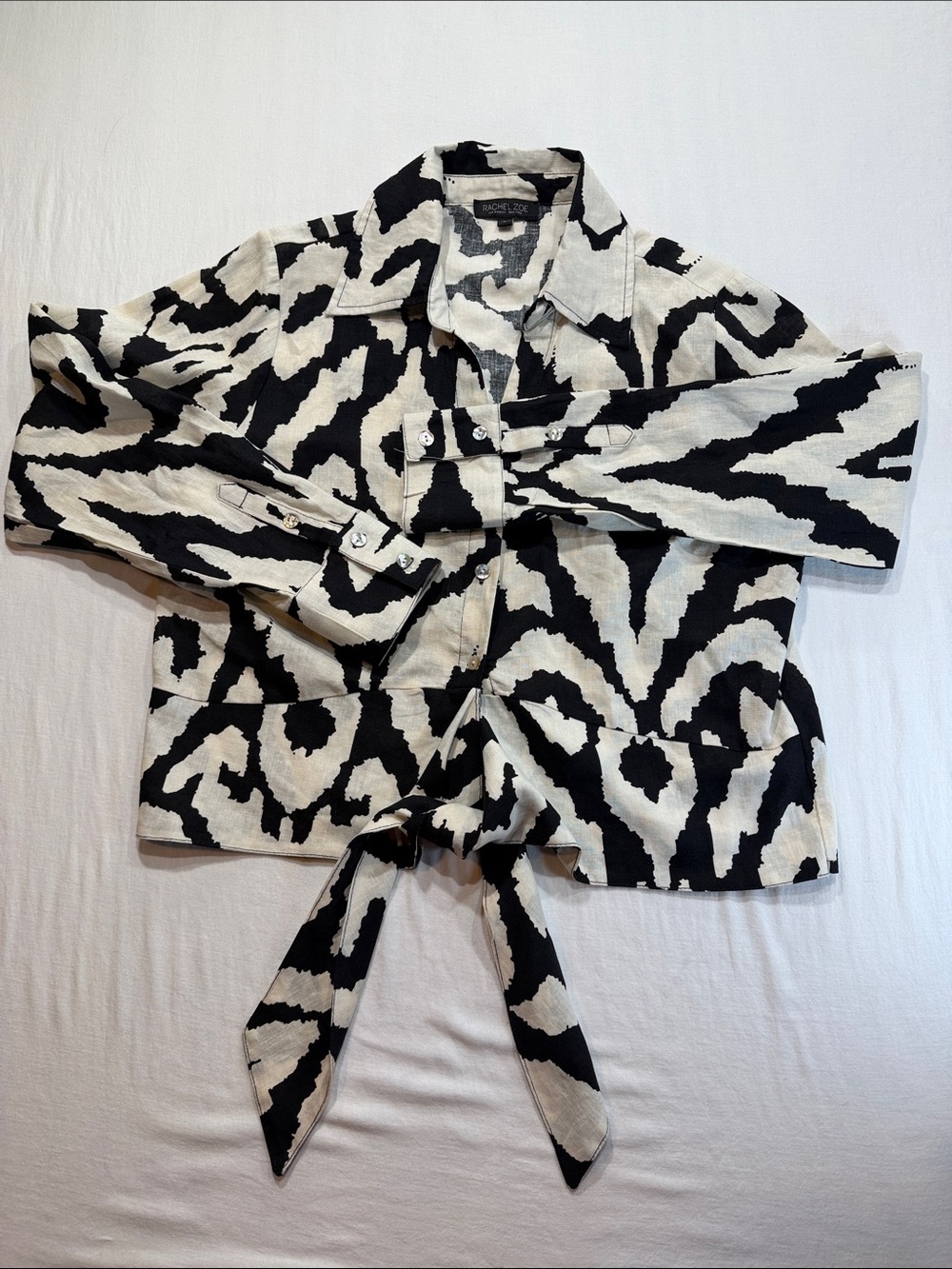 Rachel Zoe Black and White Zebra-Print Tie-Front linen long sleeve top